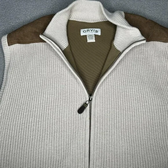 Orvis Vest Mens 2XL Beige Brown Full Zip Cable Knit Suede Trim Field Hunting XXL - Picture 3 of 14